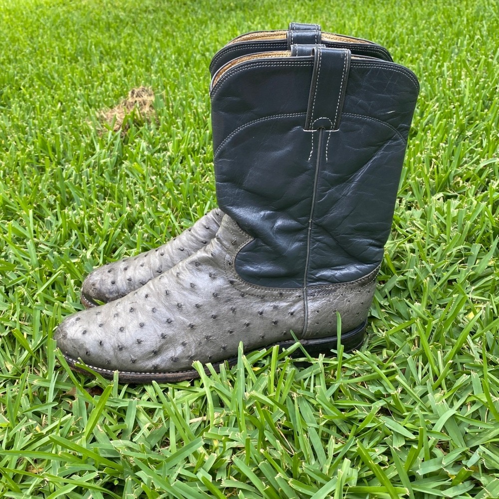 Justin Mens Vintage 1992 Full Quill Ostrich Leather Cowboy Boots Grey 3102